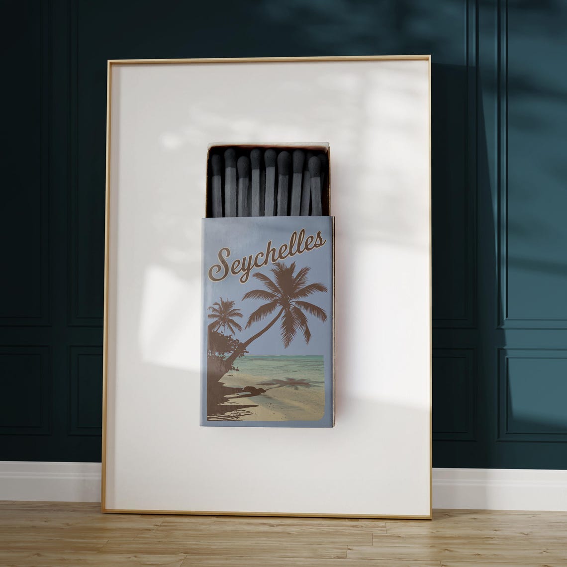 Seychelles Beach Matchbox Style Art with Palm Tree Silhouette Poster - Image 5
