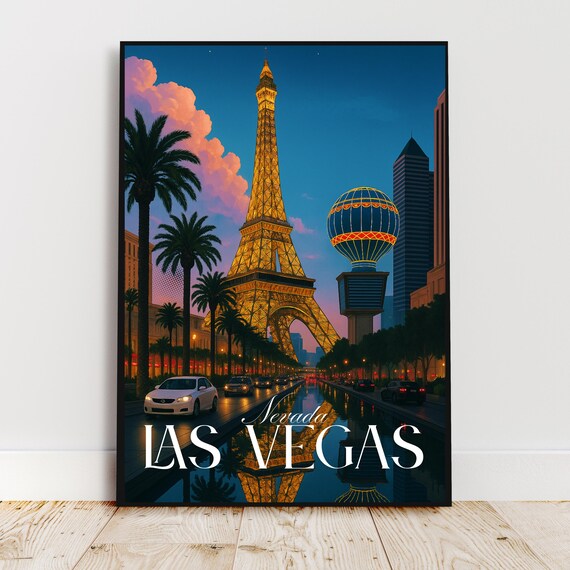 Las Vegas Nevada Eiffel Tower Strip Night Skyline Travel Poster