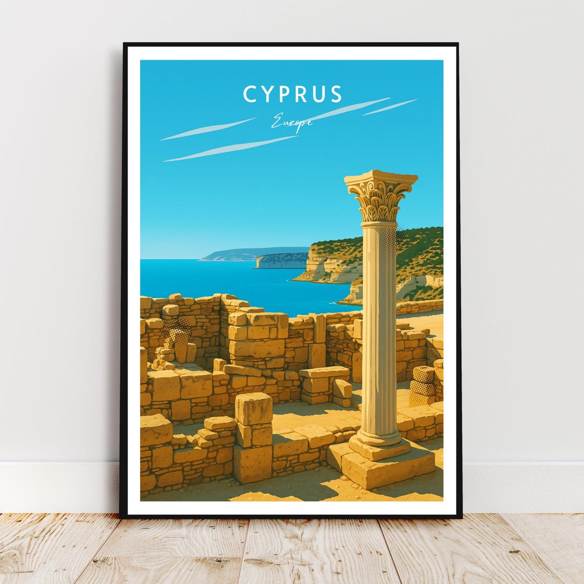 Cyprus Ancient Ruins Seaside Column Mediterranean Travel Poster