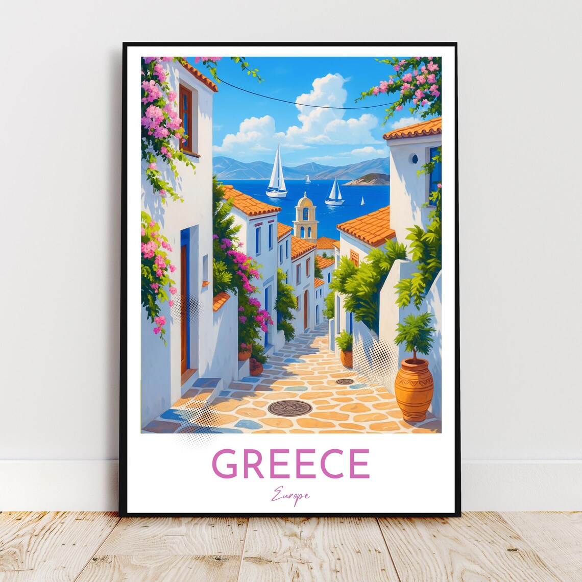 Greece Mediterranean Village Bougainvillea Sailboats Travel Poster