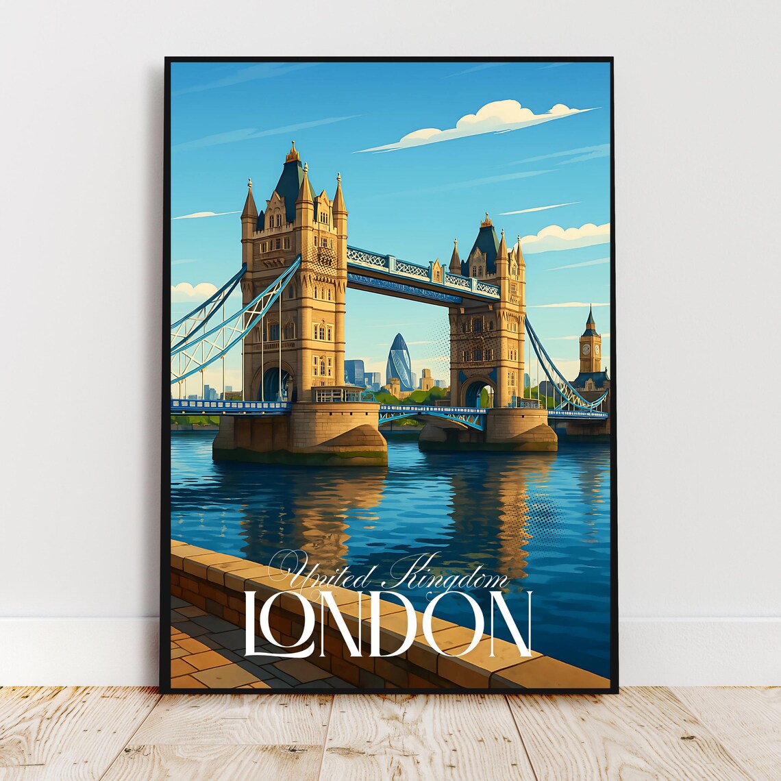 London Tower Bridge Thames River Vintage UK City Travel Poster