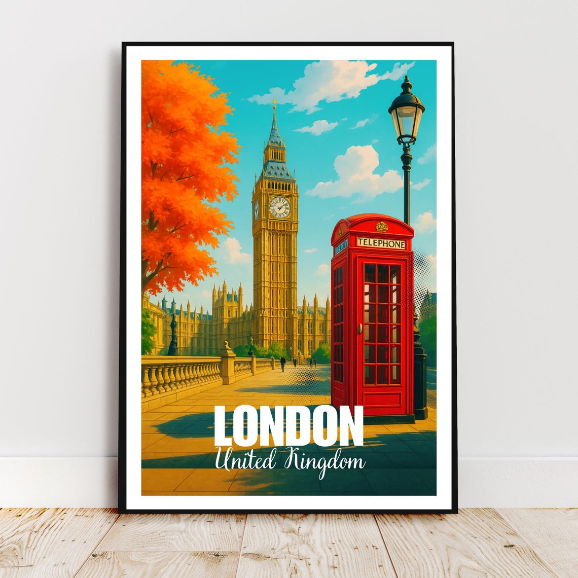 London Big Ben Red Telephone Booth Autumn Colors Retro Travel Poster