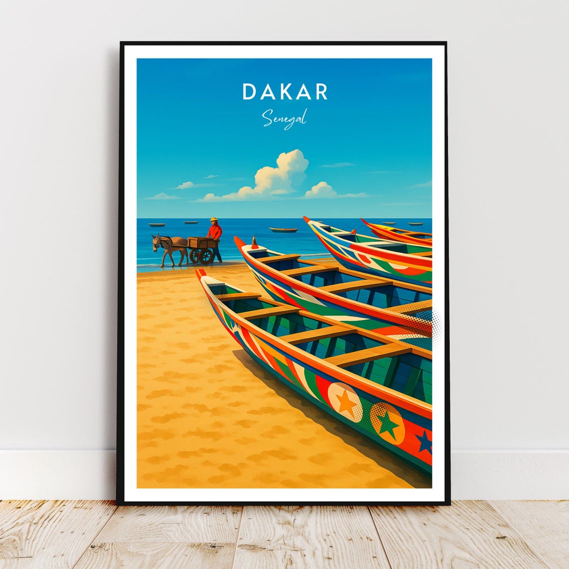 Dakar Senegal Colorful Fishing Boats Sandy Beach Travel Poster