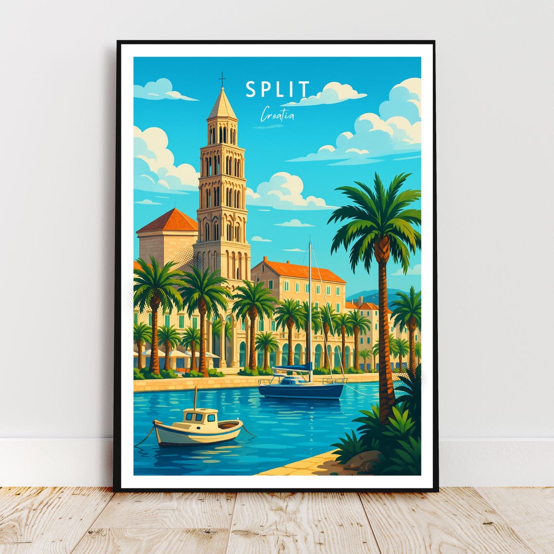 Split Croatia Bell Tower Harbor Palms Dalmatia Travel Poster