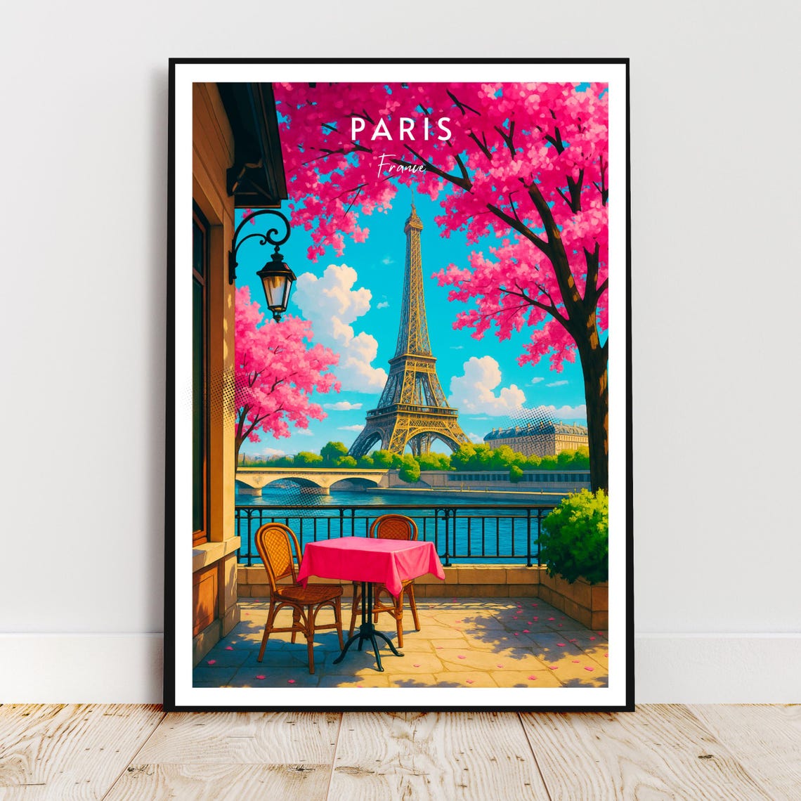 Paris France Eiffel Tower Cherry Blossoms Bistro Travel Art Poster