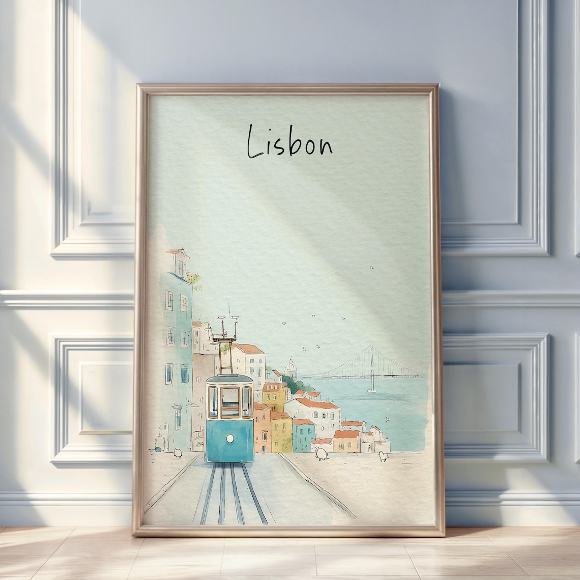 Lisbon Watercolor Sketch Poster With Blue Tram and River Bridge View