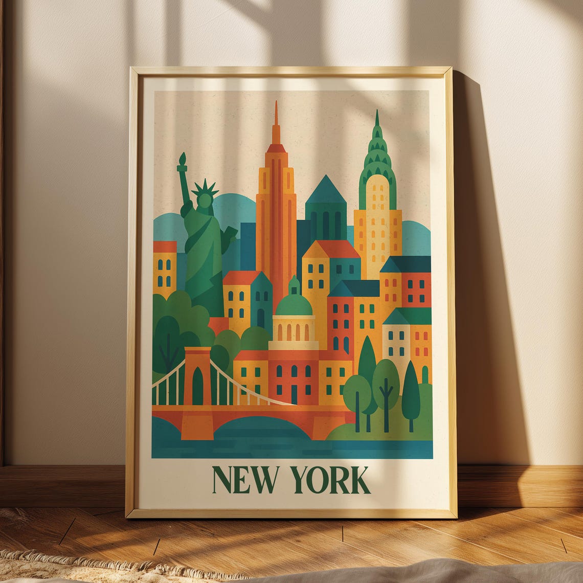 New York City Skyline Travel Poster With Statue of Liberty and Bridges