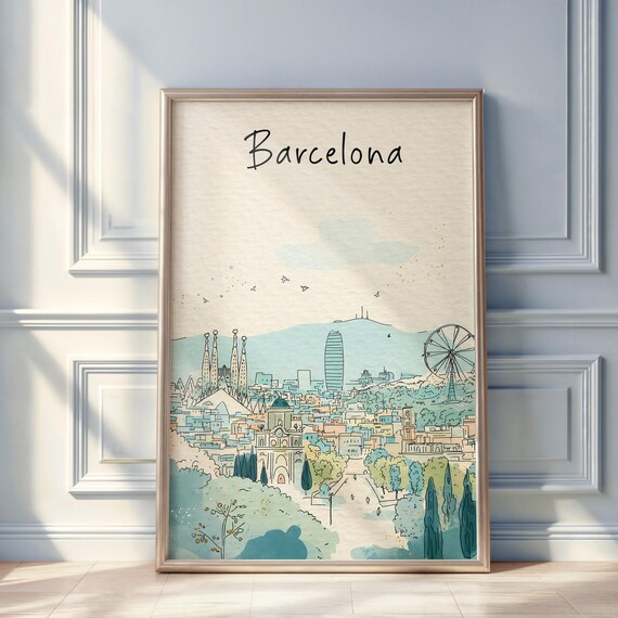 Barcelona Watercolor Skyline Hand Lettered Sagrada Familia City Poster