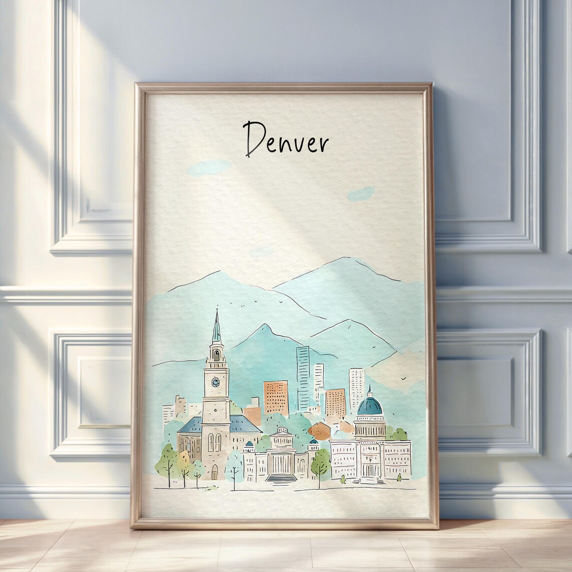 Denver Watercolor Travel Poster, Minimal City Illustration