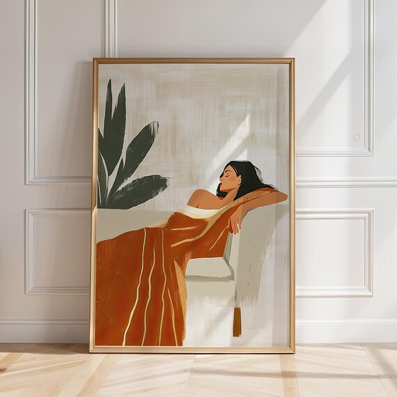 Relaxing Woman Draped in Rust Red Blanket Minimalist Lounge Poster