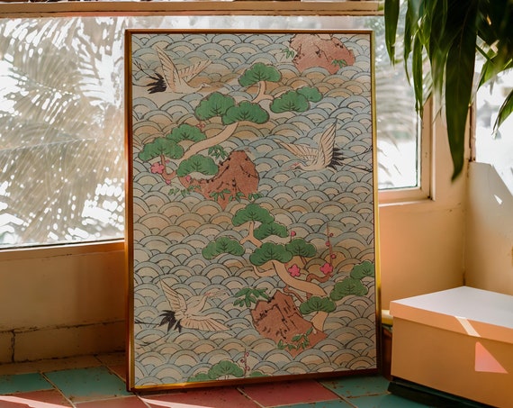 Korin Furuy Japanese Floral Art Print Vintage Beige Woodblock Exhibition Poster Rare Vintage Asian Japanese Traditional Ukiyo E Design