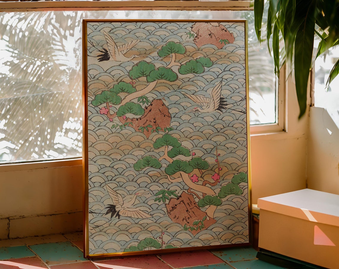 Korin Furuy Japanese Floral Art Print Vintage Beige Woodblock Exhibition Poster Rare Vintage Asian Japanese Traditional Ukiyo E Design