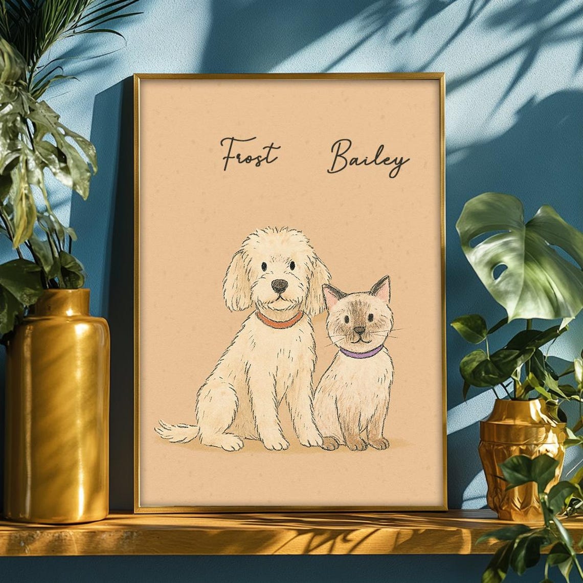 Frost and Bailey Custom Pet Portrait Dog and Cat Duo Beige Wall Art