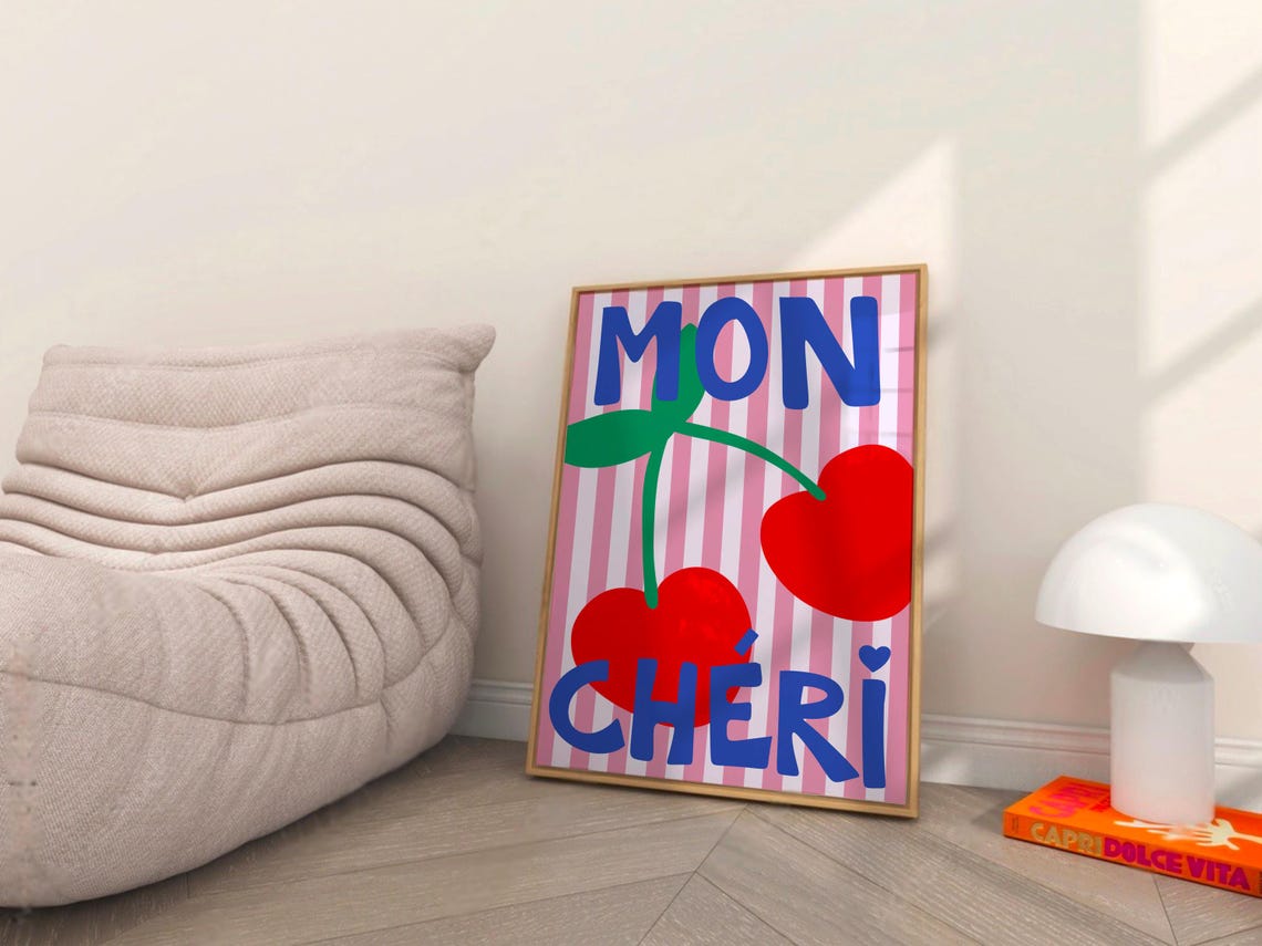 Mon Chéri Cherry Typography Poster Pink Stripes Retro Fruit Art