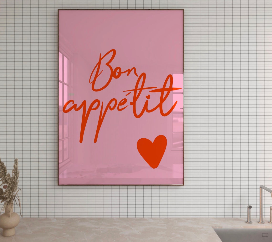 Bon Appetit Red Script Pink Heart Trendy Kitchen Wall Poster