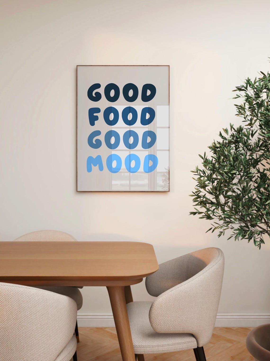 Good Food Good Mood Blue Bold Typography Kitchen Quote Poster