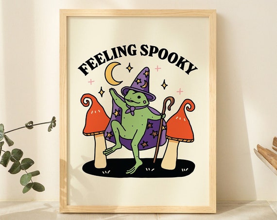 Wizard Frog Halloween Art Print, Spooky Mushroom Decor