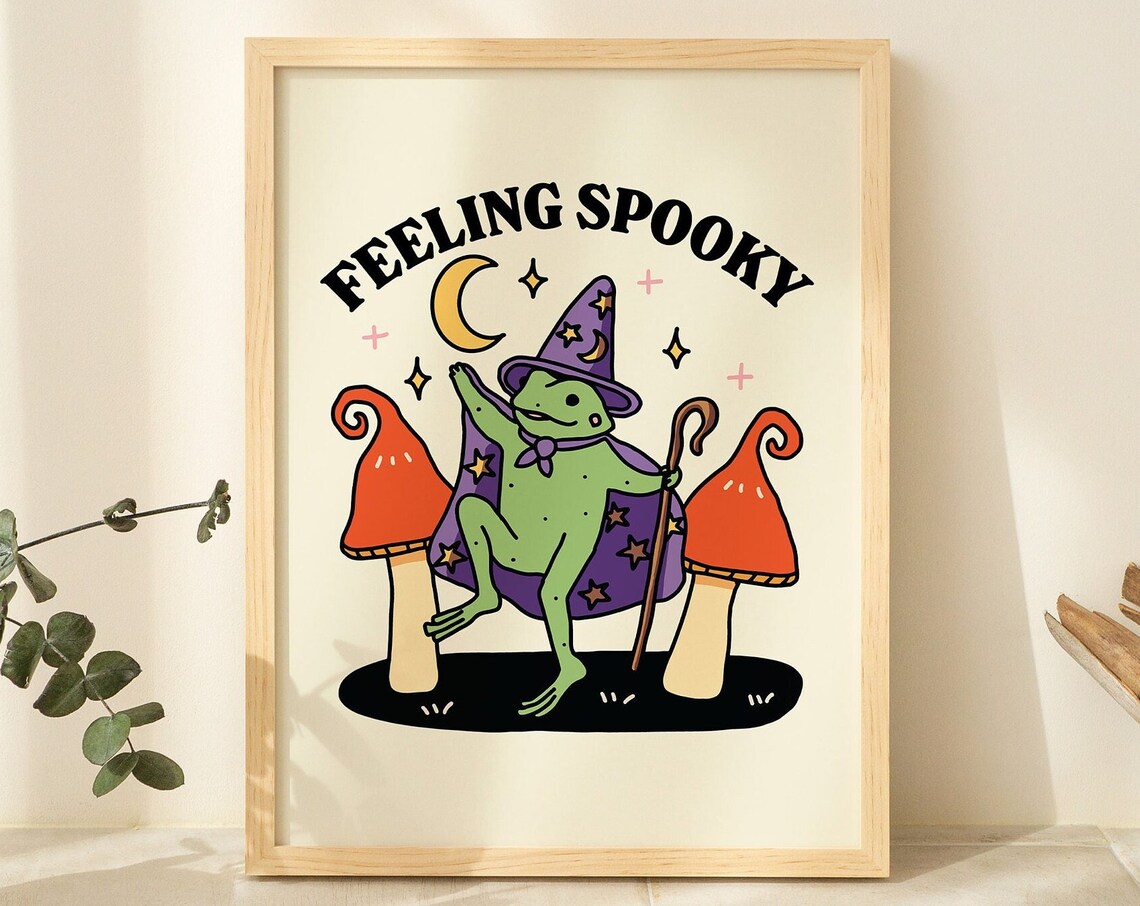 Wizard Frog Halloween Art Print, Spooky Mushroom Decor