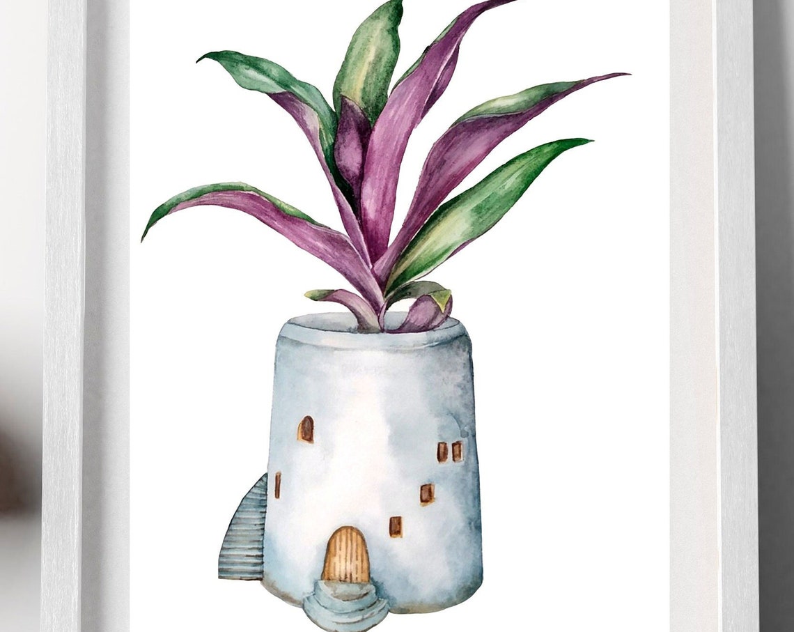 Whimsical House Shaped Planter Purple Plant Watercolor Print