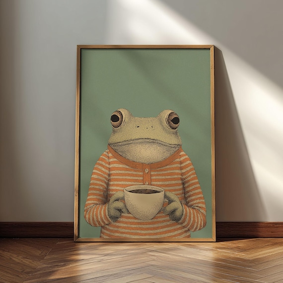 Frog In Pajamas With Coffee Poster, Whimsical Animal