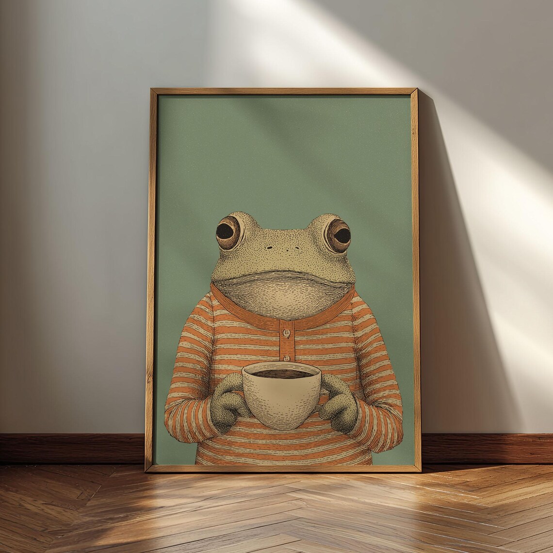 Frog In Pajamas With Coffee Poster, Whimsical Animal