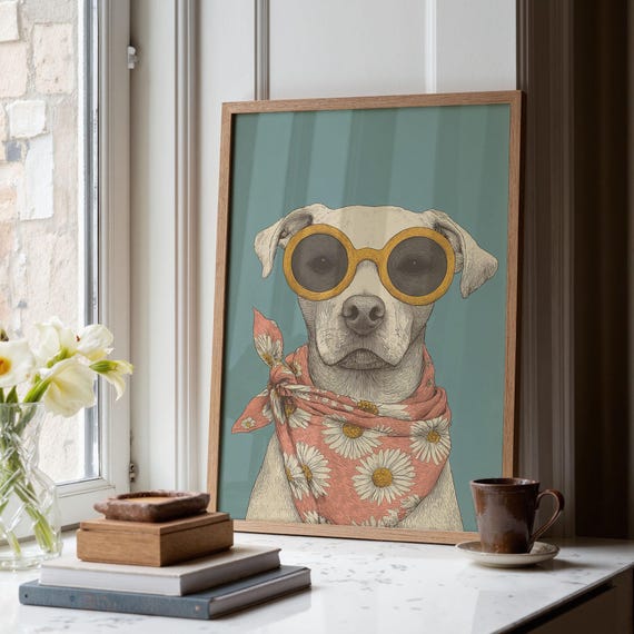 White Dog With Daisy Bandana Poster Whimsical Animal Print