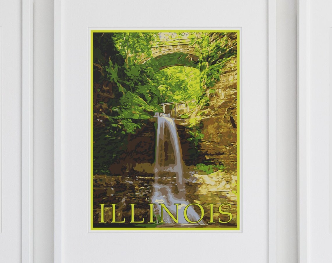 Illinois Canyon Waterfall Lush Green Gorge Vintage Travel Poster