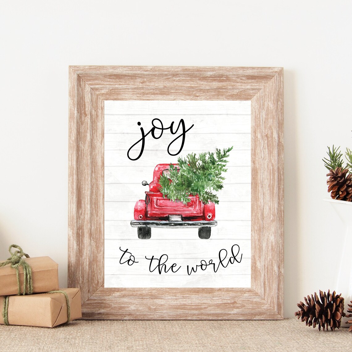 Joy to the World Christmas Poster Red Truck Vintage Farmhouse Decor