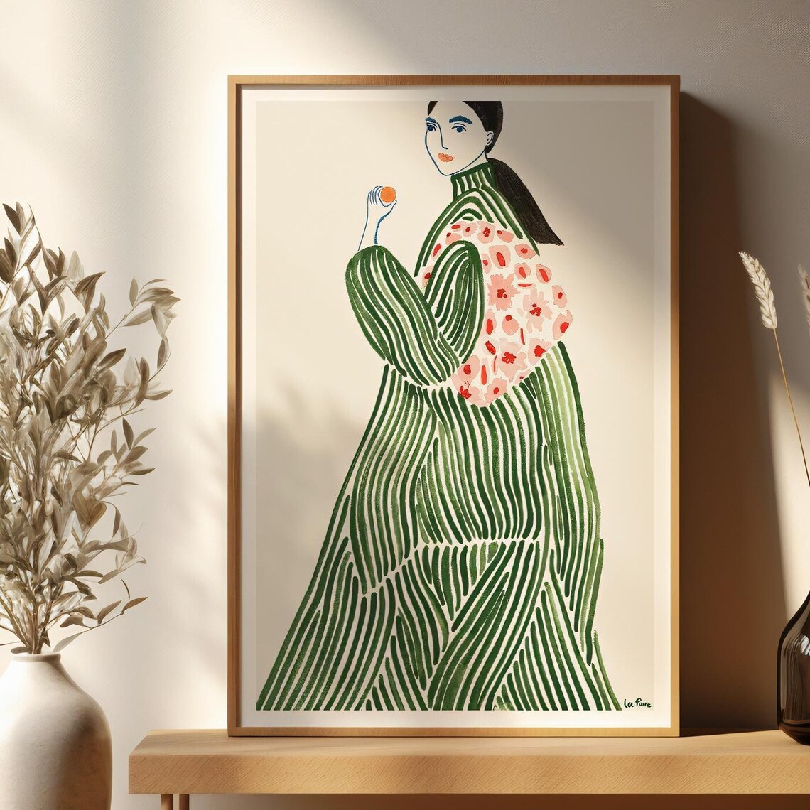 Charming La Poire Woman in Green Striped Coat Floral Art Poster - Image 3