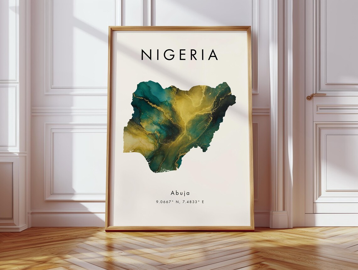 Nigeria Map Modern Green Gold Watercolour Abuja Travel Poster