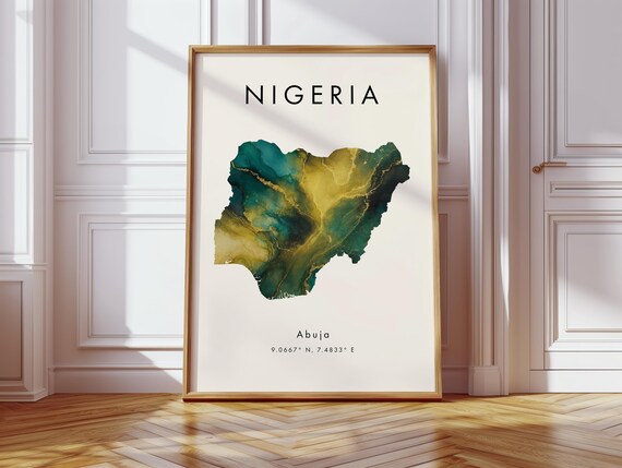 Nigeria Map Poster Green And Gold Africa Wall Art Print Home Decor Geography Gift Wallpaper