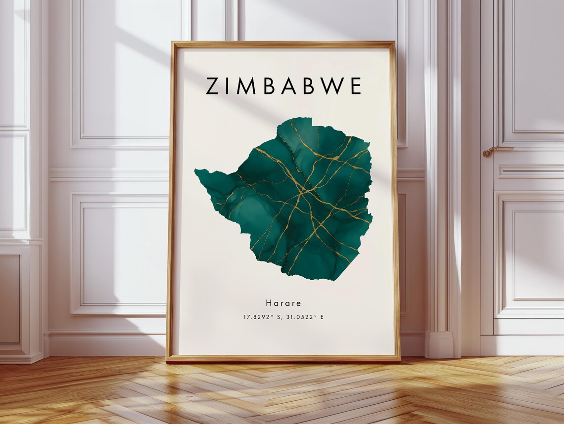 Zimbabwe Green Marble Map Poster with Gold Veins and Harare Detail