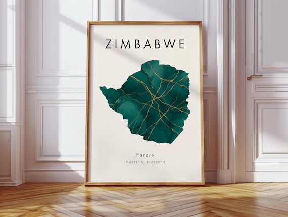 Zimbabwe Map Poster Green And Gold Africa Wall Art Print Home Decor Geography Gift Wallpaper