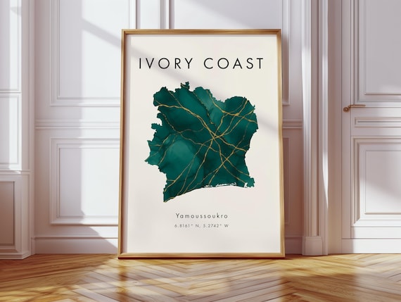 Ivory Coast Map Poster Green And Gold Africa Wall Art Print Home Decor Geography Gift Wallpaper