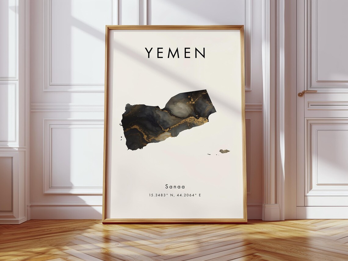 Yemen Onyx Gold Veined Map Sanaa Coordinates Elegant Minimalist Art Print