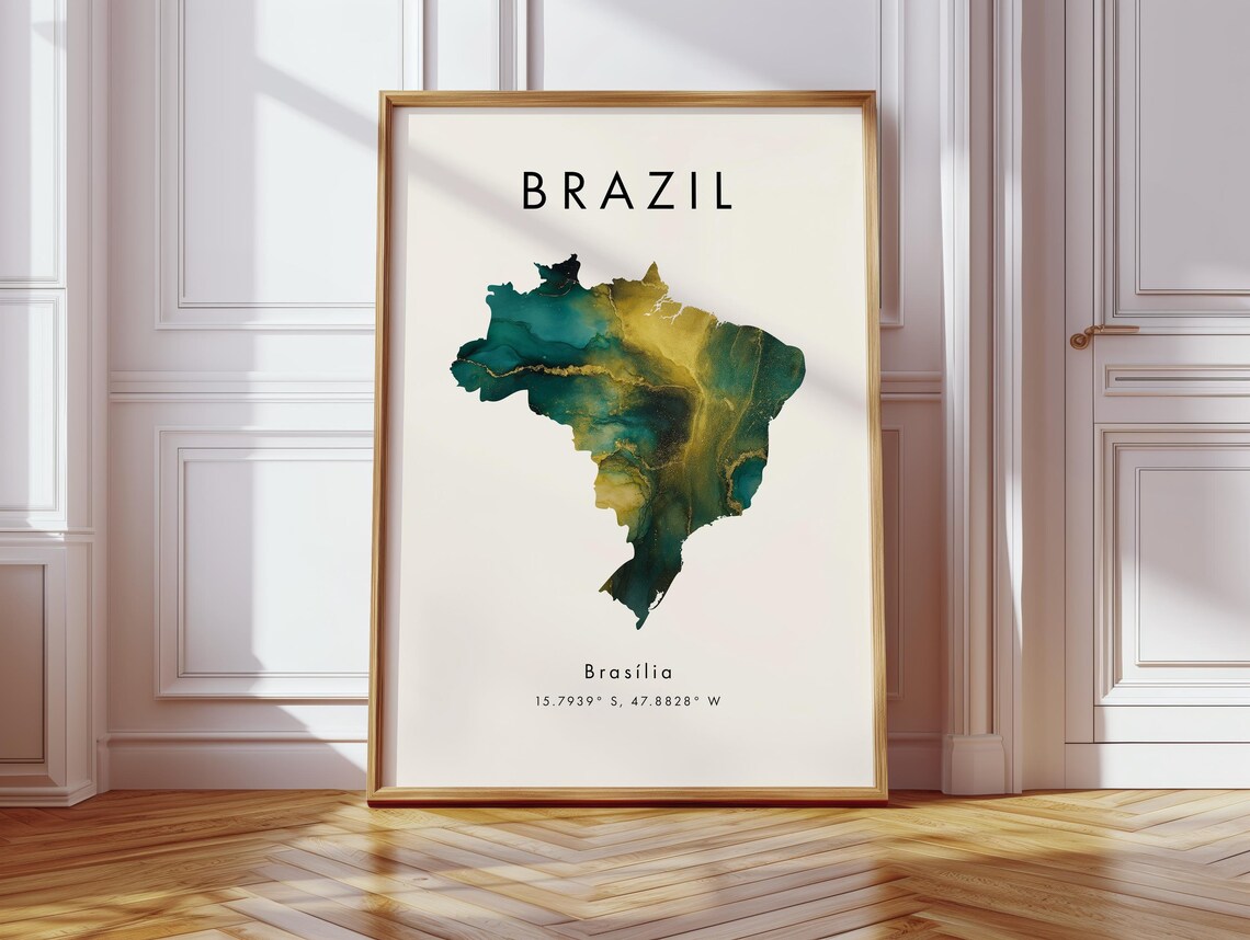 Brazil Green And Gold Watercolor Country Map Poster Brasilia Art