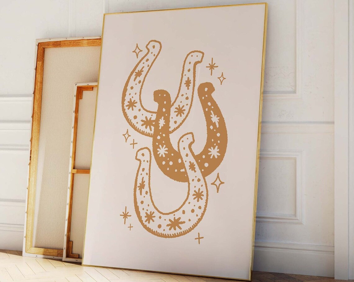 Tan Lucky Horseshoe Trio Intertwined Stars Neutral Western Wall Print