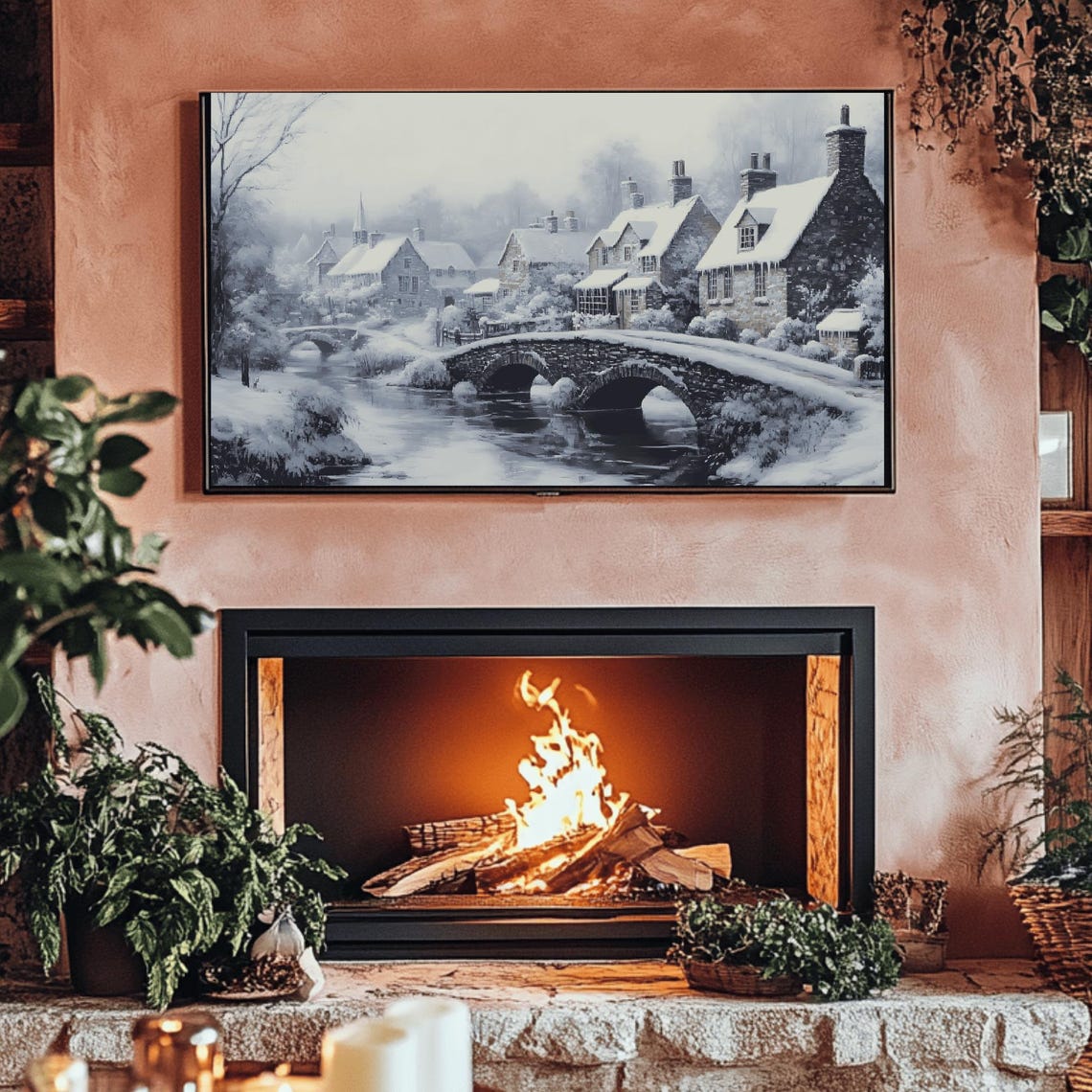 Snow Covered Village With Twin Stone Bridges Over River Poster - Image 3