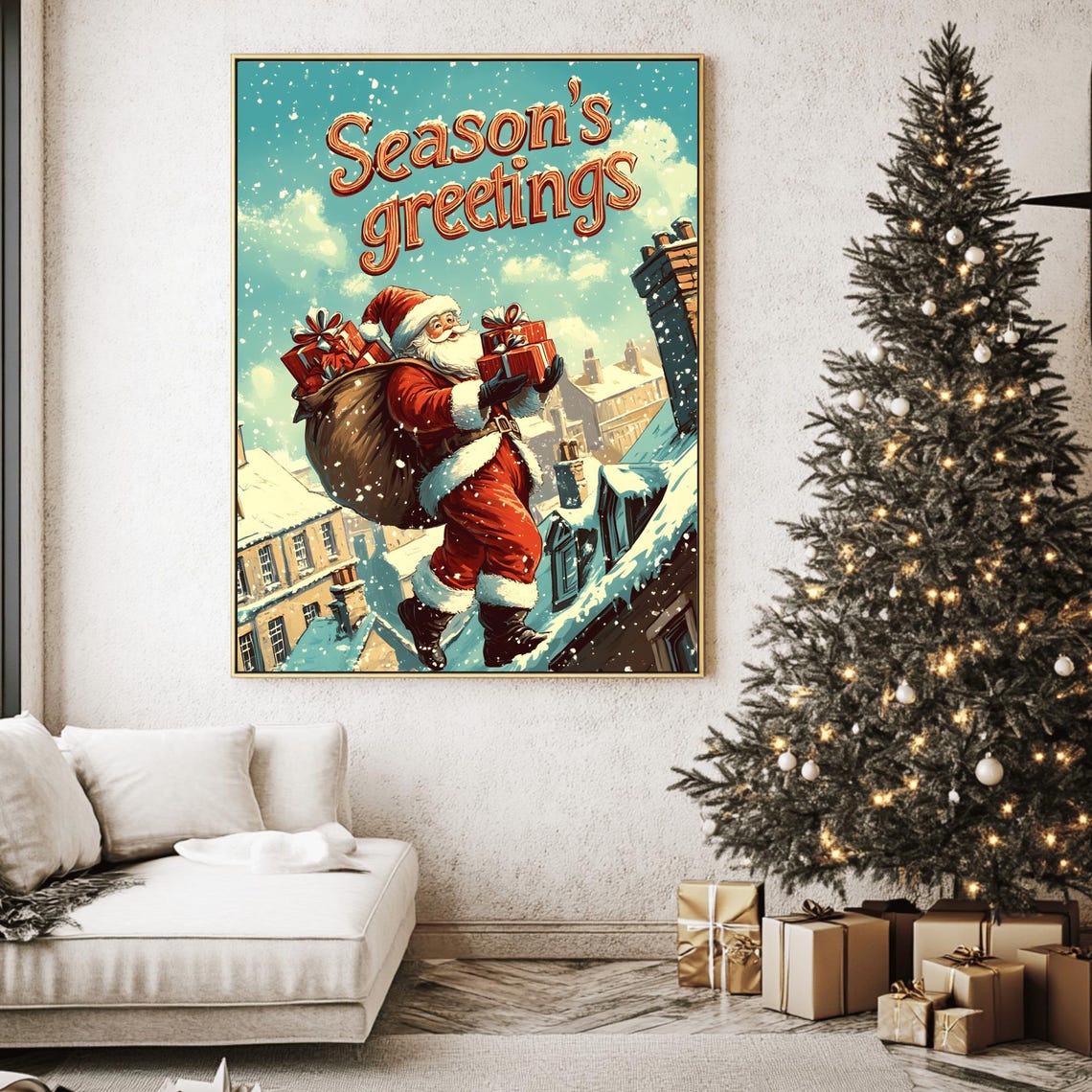 Vintage Santa Rooftop Retro Typography Season's Gretings Poster - Image 2