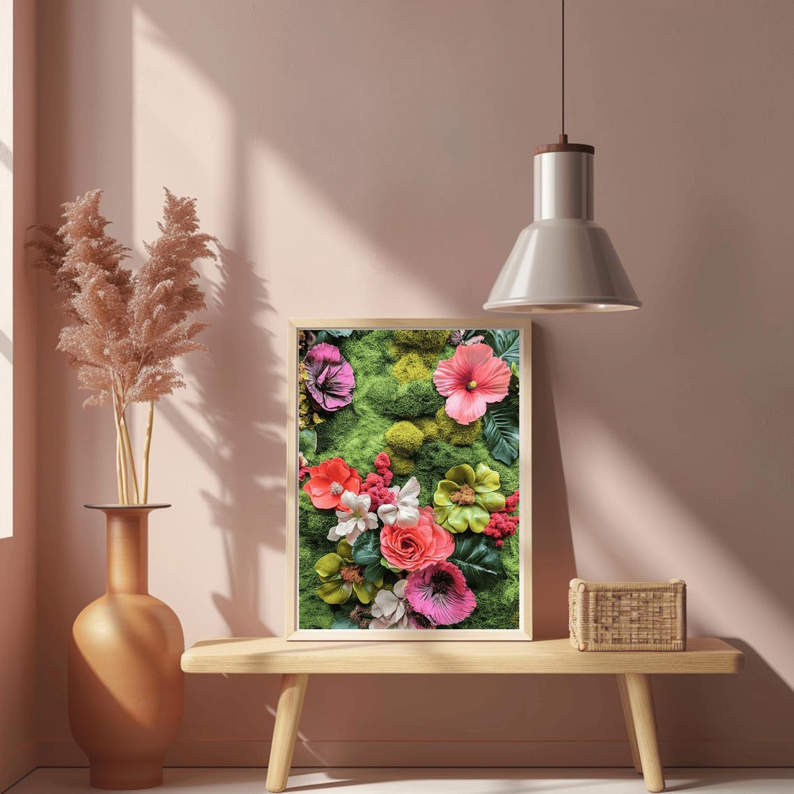 Vibrant Hibiscus and Poppies on Moss Colorful Floral Wall Poster - Image 2