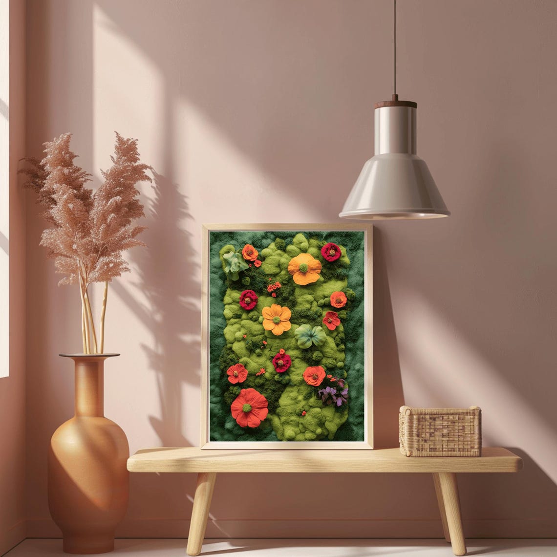 Red Orange Poppy Blooms Over Textured Green Moss Meadow Poster - Image 2