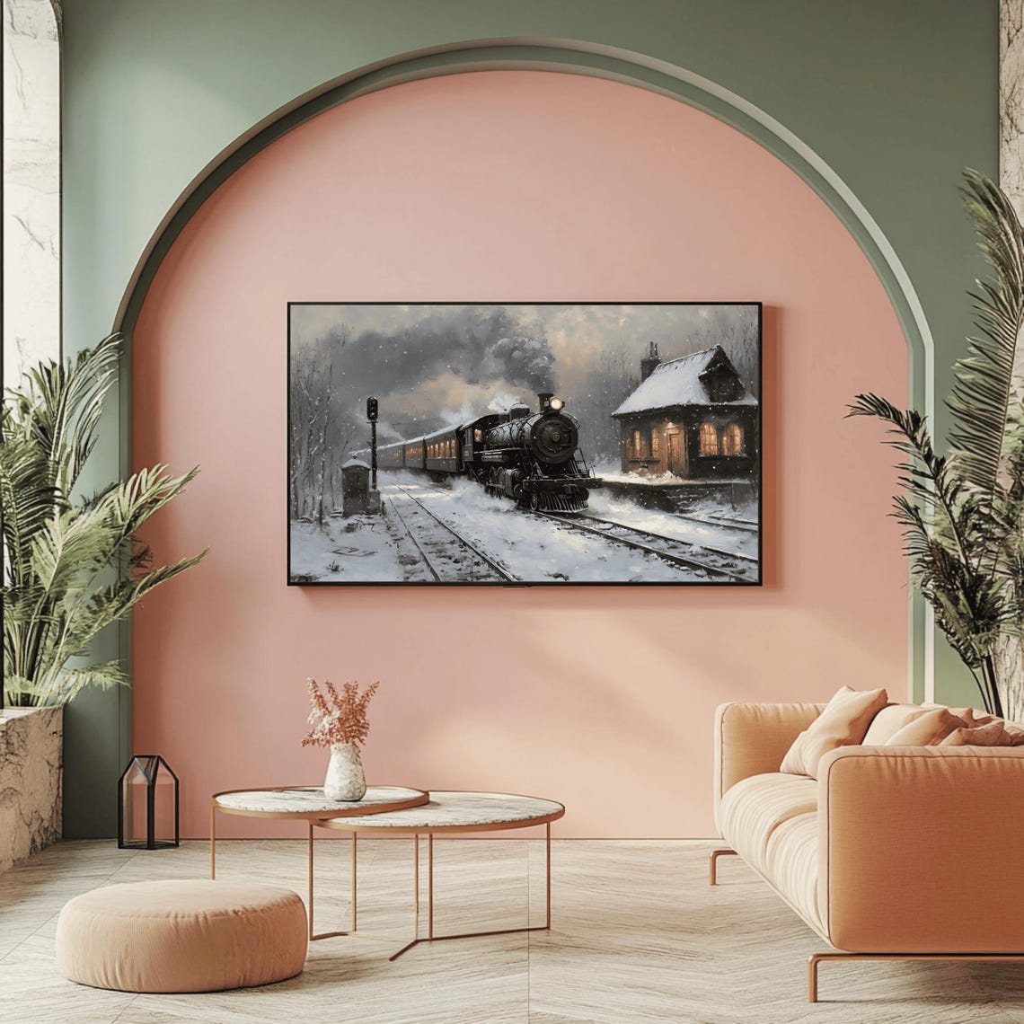 Vintage Steam Train Passing A Snowy Platform Scene Winter Poster - Image 2