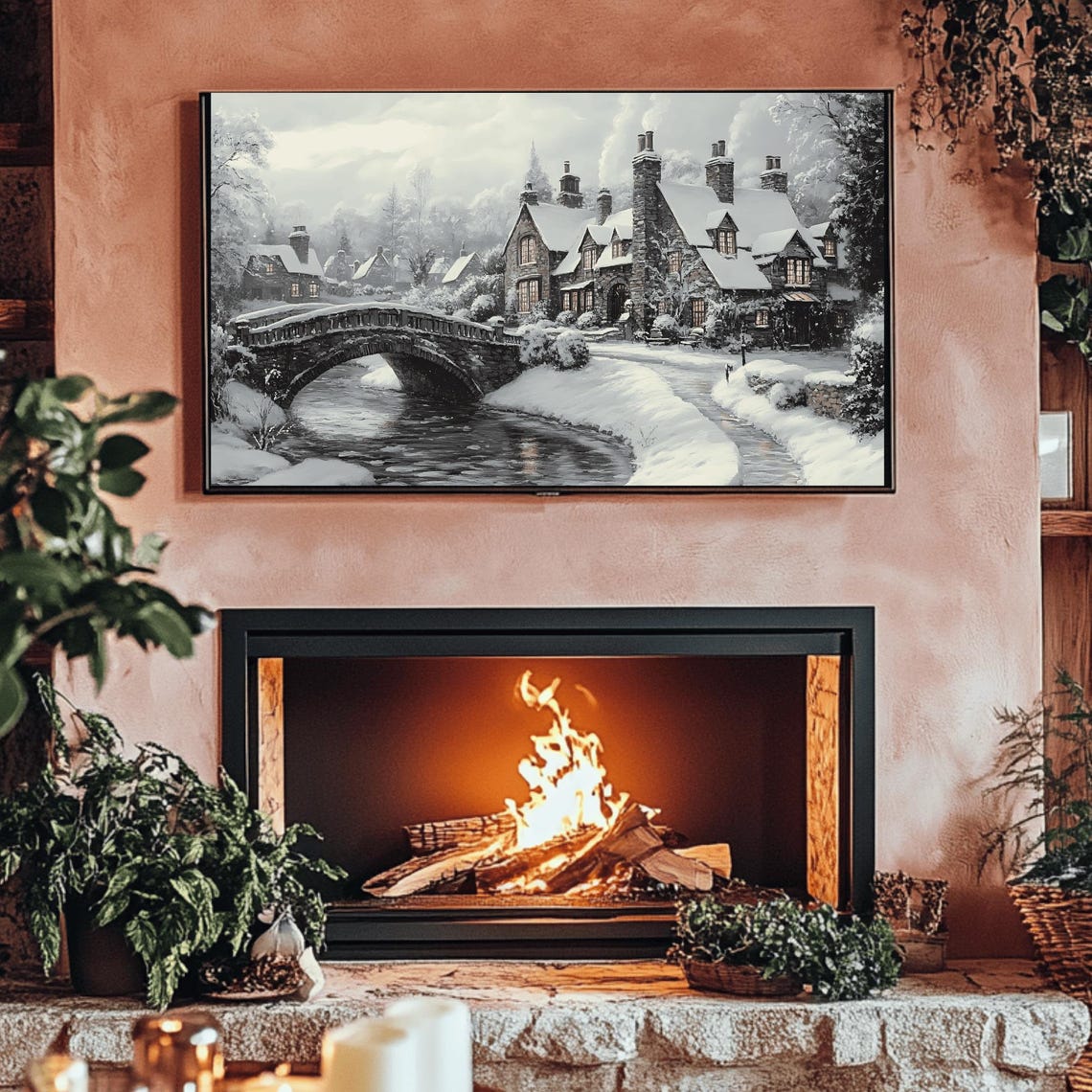 Snowy Stone Cottage Village With Arched Bridge Winter Poster - Image 3
