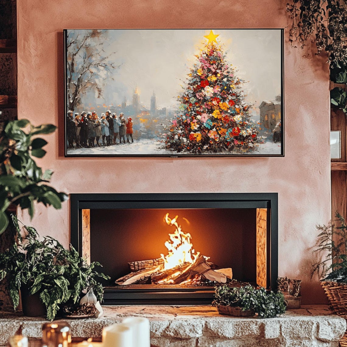Colorful Floral Christmas Tree with Carolers Impressionist Poster - Image 3