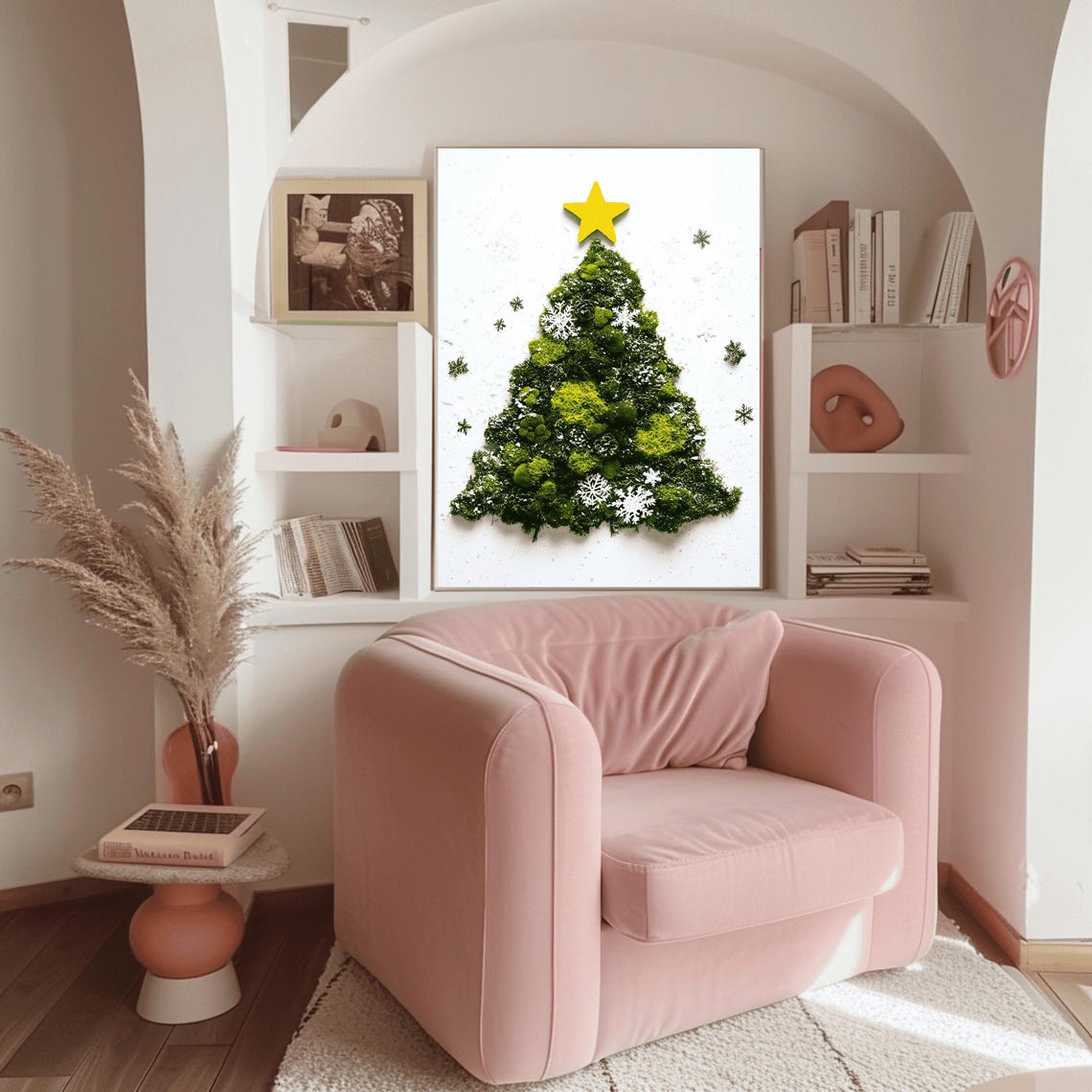 Lush Moss Christmas Tree Gold Star White Snowflake Accents Poster - Image 3
