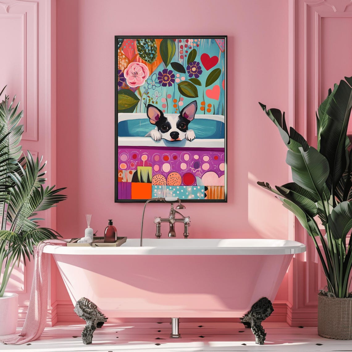 Cute Boston Terrier Puppy in Bathtub Colorful Floral Funny Poster - Image 3