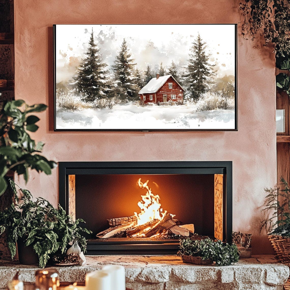 Red Cabin Nestled In A Snowy Evergreen Forest Deep Winter Poster - Image 3