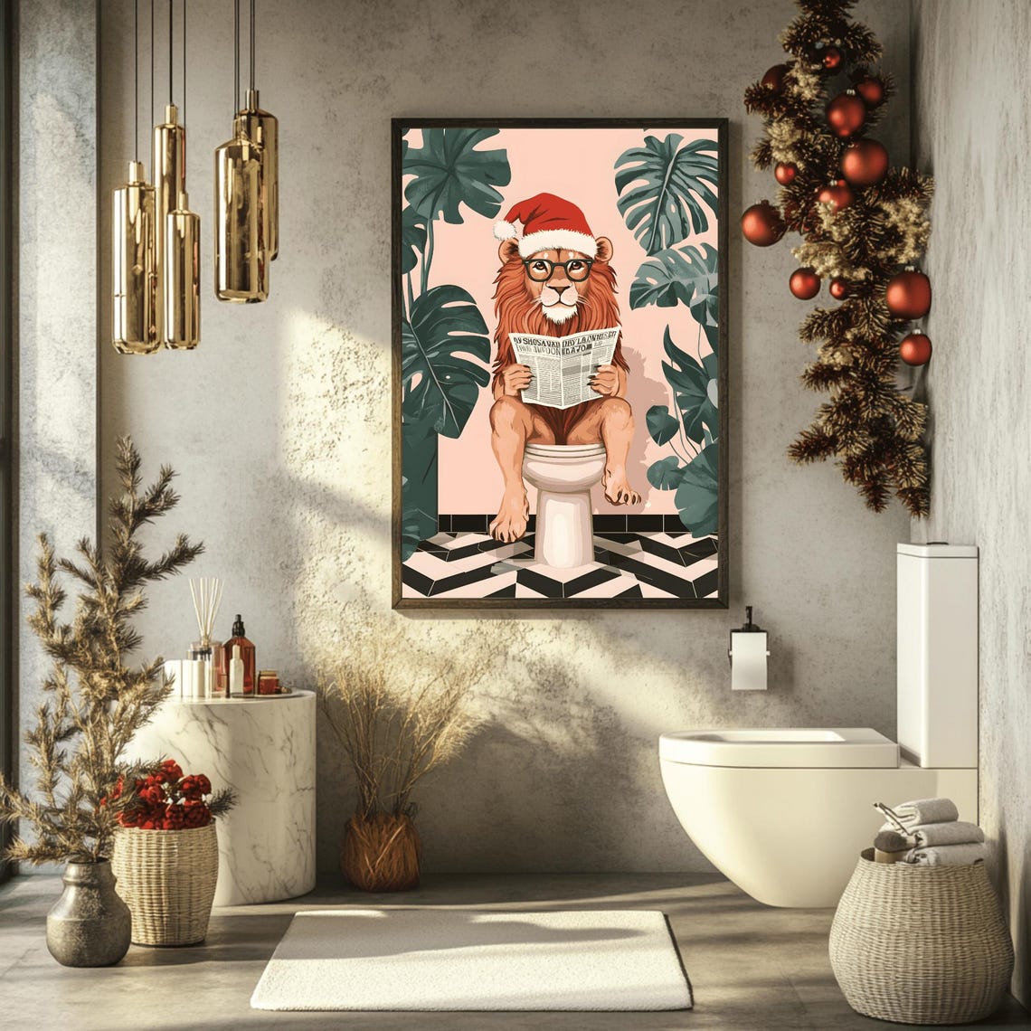 Lion In Santa Hat Reading Newspaper On Tropical Toilet Poster - Image 3