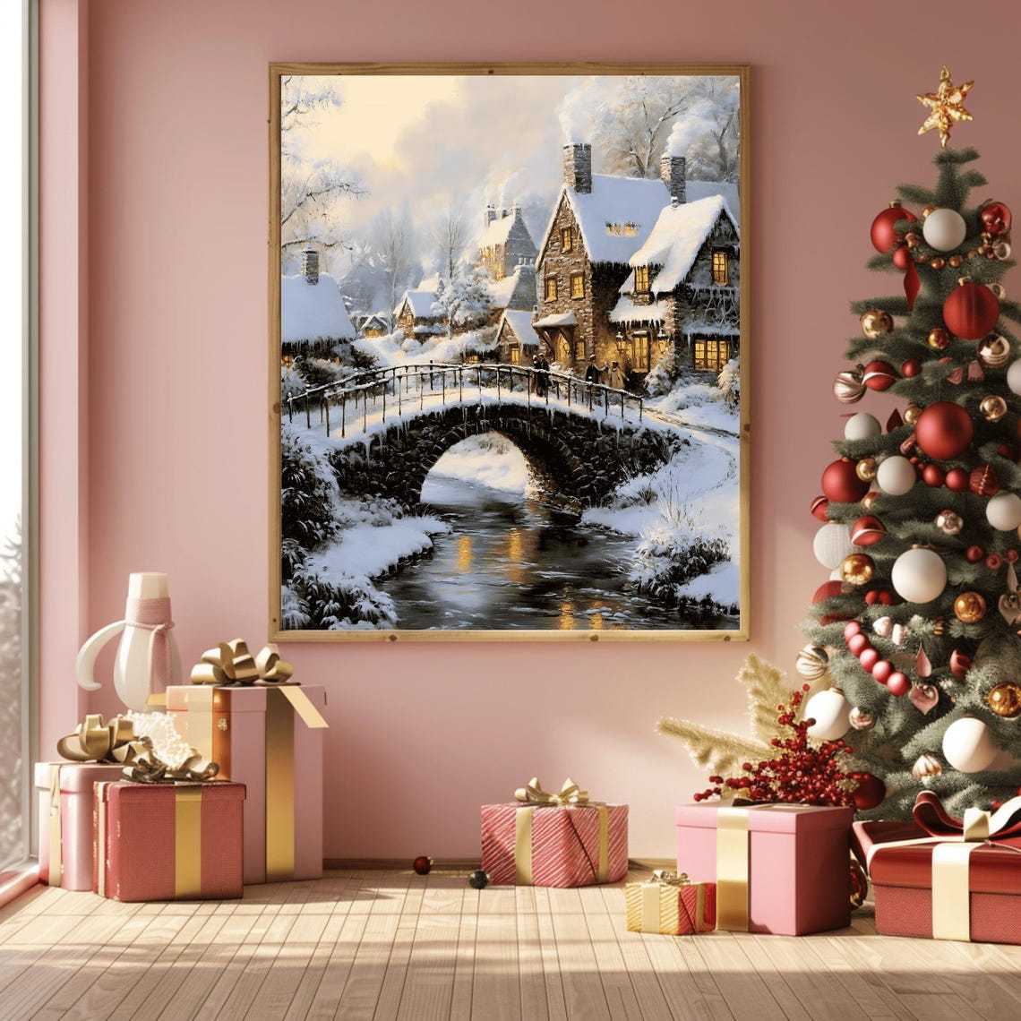Snowy Village Stone Bridge Over Stream Glowing Cottages Poster - Image 3
