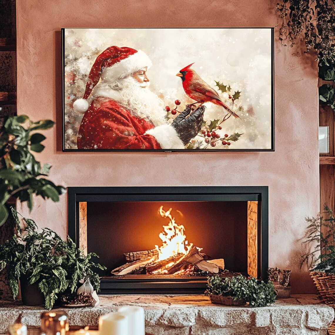 Santa Claus Gazing at Red Cardinal Snowy Watercolor Scene Poster - Image 3